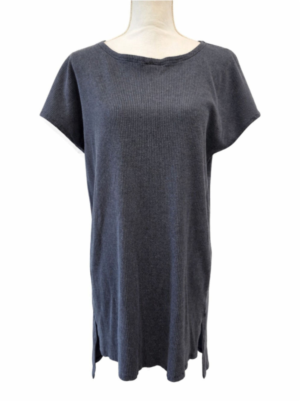 Eileen Fisher Ribbed Tunic Top L Gray Blue Tencel Lyocell Stretch Short Sleeve